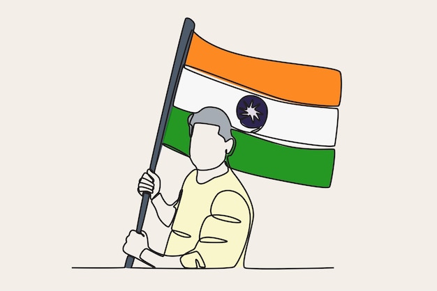 Ilustración en color de un hombre que sostiene una bandera india dibujo en línea del día de la república india