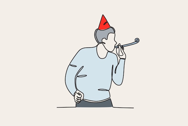 Ilustración en color de un hombre tocando una trompeta Dibujo oneline de Nochevieja