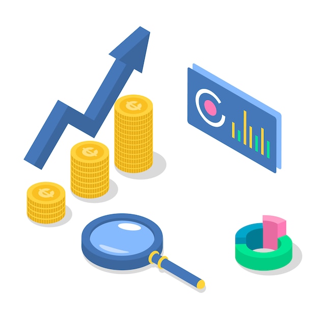 Ilustración de color isométrica de contabilidad y auditoría. Aumento de ingresos. Crecimiento económico. Plan de negocios. Análisis de datos y estadísticas. Estrategia corporativa. Concepto 3d aislado en el fondo blanco