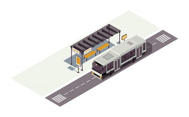 Ilustración de color isométrica de parada de autobús. estación de espera. transporte público urbano infografía. transporte urbano. tráfico de la ciudad auto concepto 3d aislado sobre fondo blanco.