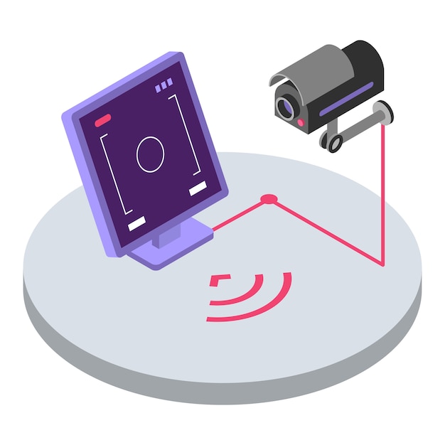 Ilustración de color isométrica del sistema de seguridad. Control remoto y monitorización de cámaras de vigilancia. Observación de video CCTV, protección del hogar concepto 3d aislado sobre fondo blanco.