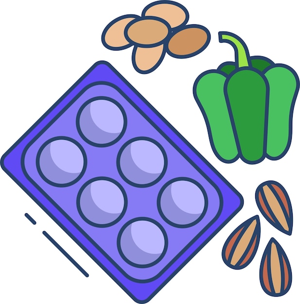 Ilustración en color lineal de la bandeja de huevos de almendras capsicum