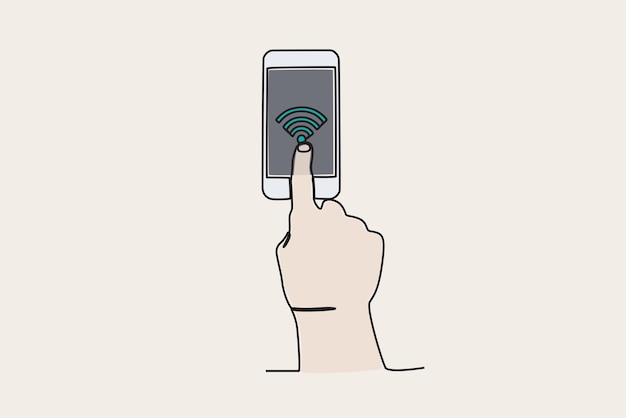 Ilustración en color de una mano apuntando a un teléfono wifi Dibujo en línea del Día Internacional de Internet