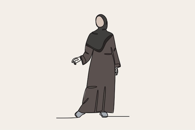 Ilustración en color de una mujer con una abaya mientras posa Abaya dibujo en línea