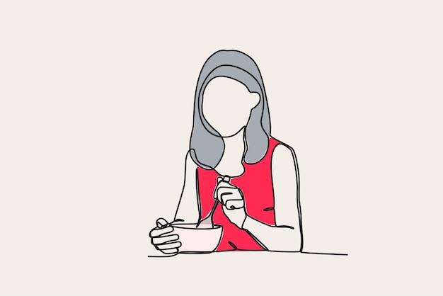 Ilustración en color de una mujer desayunando Actividades matutinas dibujo en línea