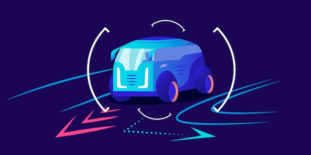 Ilustración de color de navegación del automóvil. Asistencia inteligente al conductor, predicción del movimiento del automóvil, interfaz del sistema de análisis de tráfico. Van tomando turno sobre fondo azul.