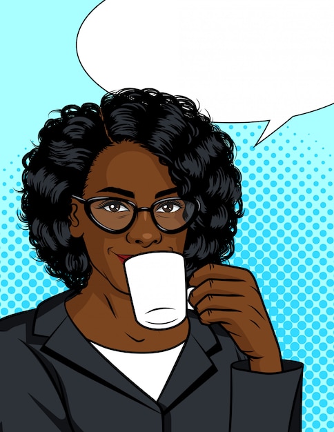 Ilustración en color de una niña bebiendo café. Afroamericano con una taza de bebida caliente.