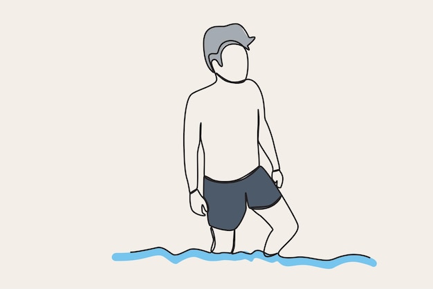 Ilustración a color de un niño que termina de nadar Nadar en el dibujo de una línea de playa