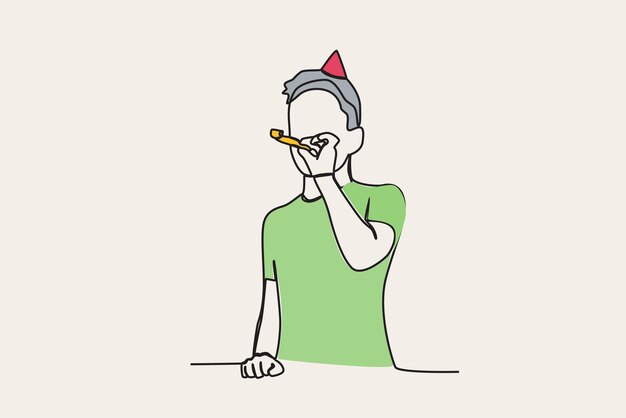 Ilustración a color de un niño tocando una trompeta Dibujo de una línea de fiesta de cumpleaños