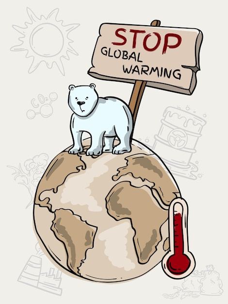 Vector ilustración en color de un oso polar que muere a causa del calentamiento global y el cambio climático