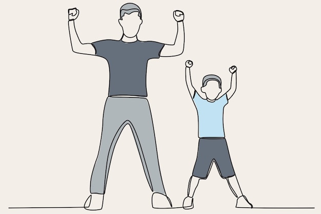 Ilustración en color de un padre y un hijo haciendo una pose poderosa Dibujo en línea del Día del padre