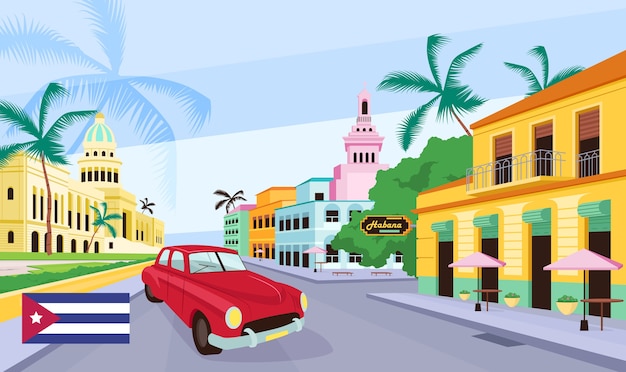 Ilustración de color plano de calle vieja cubana