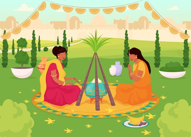 Ilustración de color plano de celebración de Lohri. Fiesta santa tradicional en el parque público. Mujeres en sari. Fiesta hindú. Personajes de dibujos animados 2D femeninos indios con paisaje urbano en el fondo