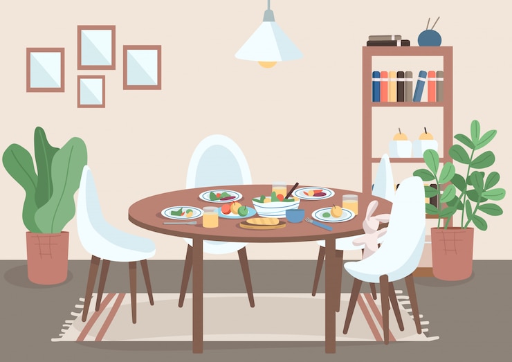 Vector ilustración de color plano de comedor. mesa con silla y comida en platos. lugar para comida familiar. estantes cerca de plantas en macetas. salón 2d interior de dibujos animados con muebles en el fondo