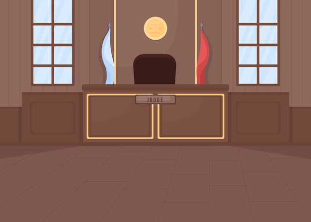 Vector ilustración de color plano de la corte suprema. procedimiento legal. derecho penal. sistema de legislación. proceso de prueba. interior de dibujos animados 2d de sala de tribunal vacía con soporte de juez en el fondo