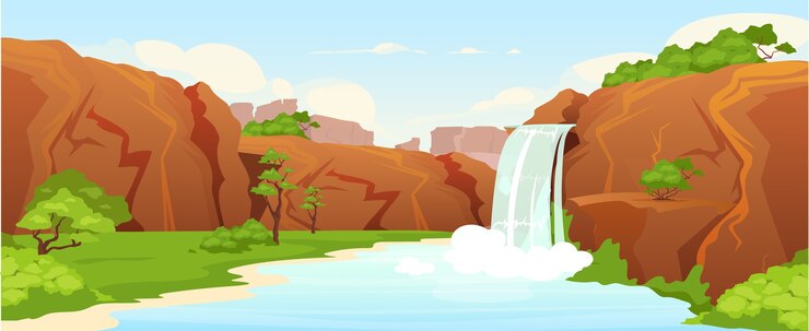 Ilustración de color plano hermoso oasis. Cascada natural, parque paisaje de dibujos animados en 2D con vegetación en el fondo. Pintoresco jardín, reserva natural. Lugar de recreo idílico, lugar de vacaciones