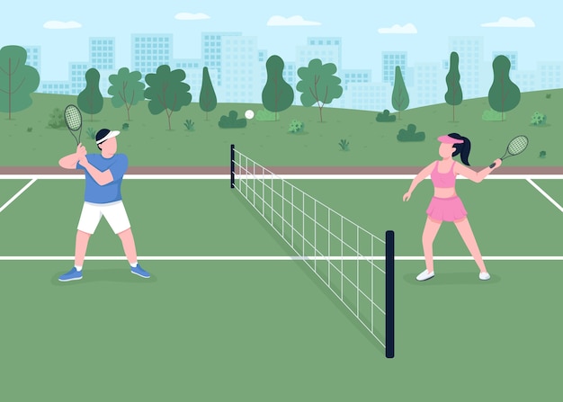 Ilustración de color plano del juego de tenis. Canchas al aire libre para partidos de torneo. Estilo de vida activo. El jugador golpeó la pelota sobre la red. Atleta pareja personajes de dibujos animados 2D con paisaje de fondo