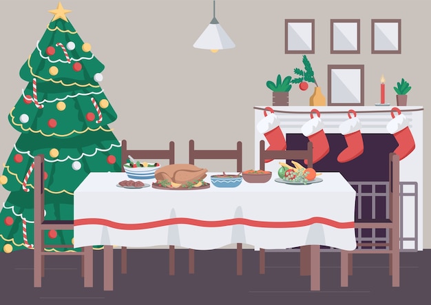 Ilustración de color plano de mesa de cena de Navidad
