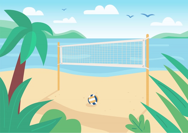 Ilustración de color plano neto de voleibol de playa. juego de pelota al aire libre cort. entretenimiento de vacaciones de verano. paisaje costero 2d de dibujos animados con agua y palmeras tropicales en el fondo
