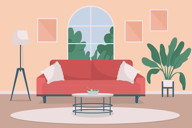 Ilustración de color plano de sala de estar acogedora. estilo de vida y relajación interior. hogar residencial