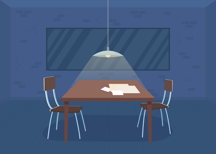 Vector ilustración de color plano de la sala de interrogatorios. departamento de policia. oficina de detectives. detención por sospechoso de delito. interior de dibujos animados 2d de sala de investigación vacía con espejo de dos caras en el fondo