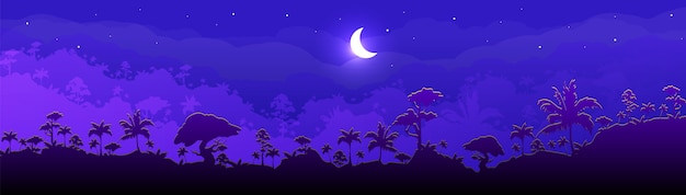 Ilustración de color plano de selva. paisaje de bosque nocturno. bosque panorámico con luna creciente. naturaleza escénica tropical con luz de luna. paisaje de dibujos animados 2d de selva tropical con capas en el fondo