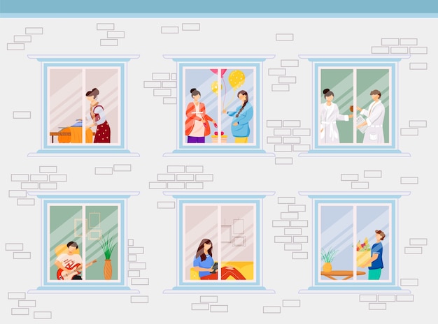 Ilustración de color plano de vecinos de apartamento. ventanas a la casa de la gente. pasatiempo y estilo de vida. relájate en el sofá. actividad en el hogar personajes de dibujos animados en 2d en el interior con el interior en el fondo