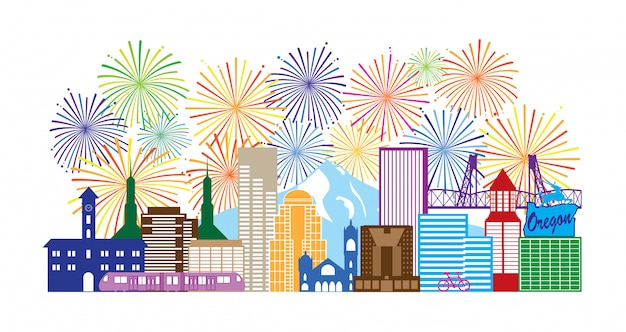 Ilustración de color de Portland Oregon Skyline Fireworks