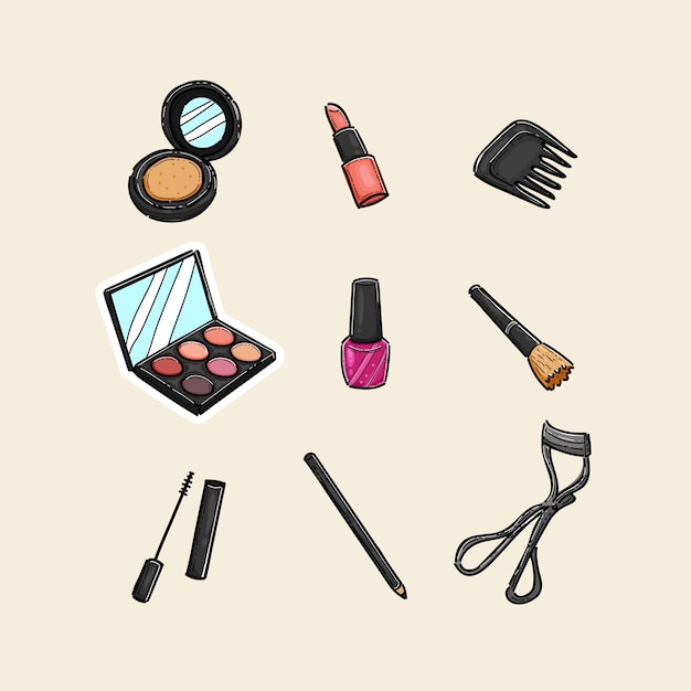 Ilustración en color de un producto de maquillaje Conjunto de ilustraciones de cosméticos Vector de dibujo de líneas dibujado a mano