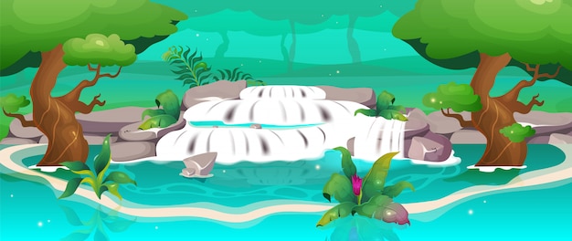 Ilustración de color de la selva. Cascada en oasis. Bosque exótico. Viaje para relajarse cerca de un arroyo de agua en la selva tropical. Naturaleza salvaje. Paisaje de dibujos animados tropical con vegetación de fondo