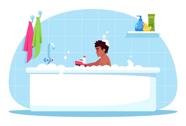 Ilustración de color semi RGB de tiempo de baño de niño. Bebé juega con juguete de plástico. Baño de burbujas para niño. Hora del baño. Niño varón en personaje de dibujos animados de bañera sobre fondo azul.