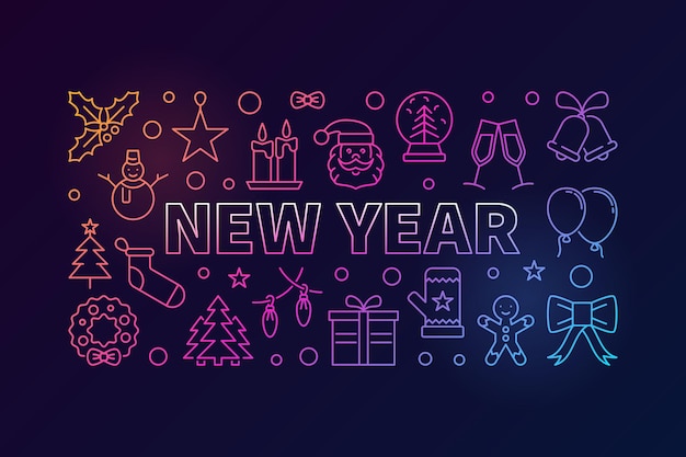 Ilustración de color de vector de año nuevo en estilo de línea sobre fondo oscuro