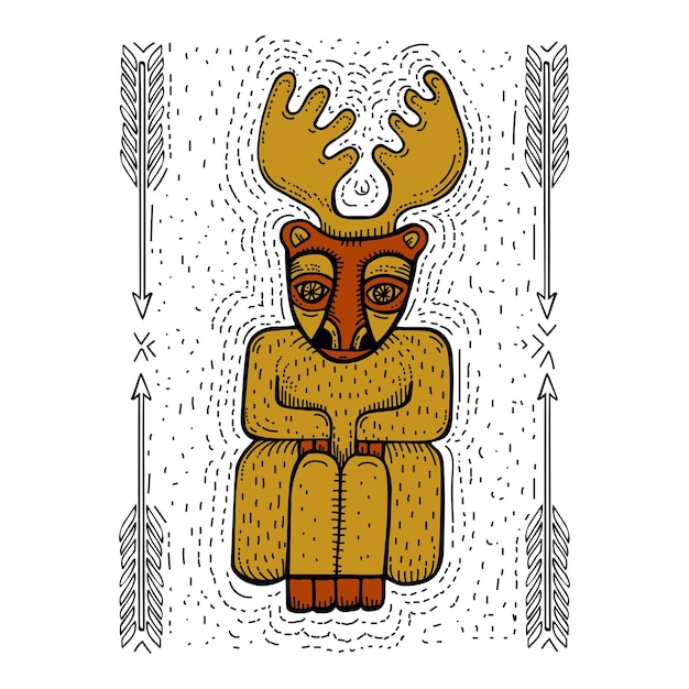 Ilustración de color vectorial vintage de ciervo antiguo azteca con efecto de flechas y puntos Estilo grabado