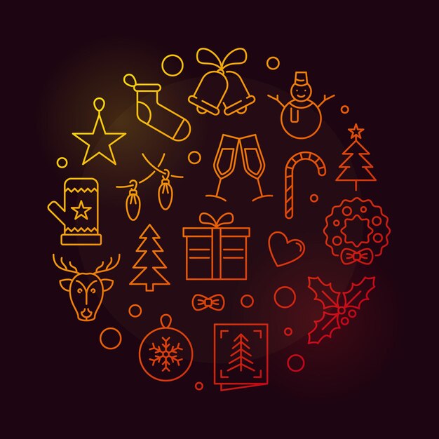 Ilustración coloreada circular de feliz año nuevo vectorial en estilo de línea fina - banner de Navidad