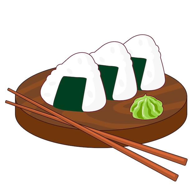 Ilustración coloreada de delicioso sushi onigiri en el tablero y palillos sobre fondo blanco.