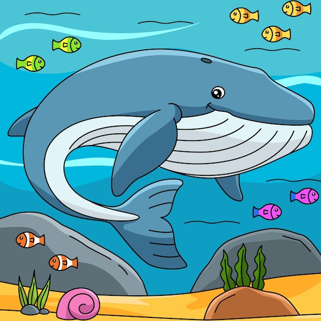 Ilustración coloreada de dibujos animados de ballena azul