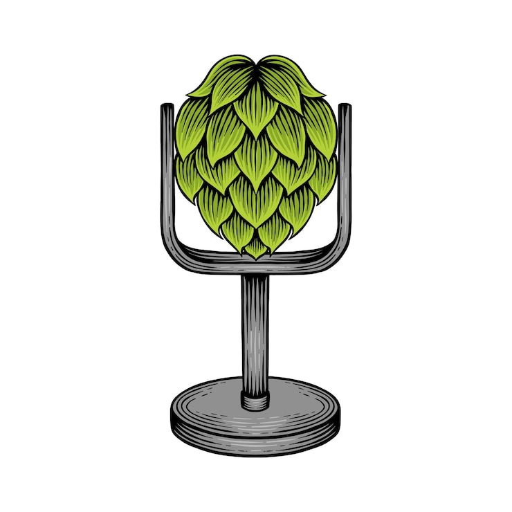 Vector ilustración coloreada de lúpulo verde combinado con un micrófono