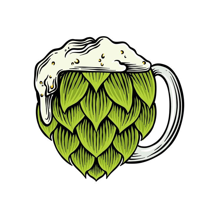 Vector ilustración coloreada de lúpulo verde combinado con un vaso de cerveza