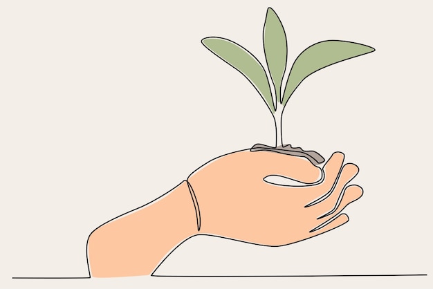 Ilustración coloreada de una mano sosteniendo un capullo de árbol Dibujo de una línea del día mundial del medio ambiente