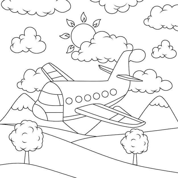 Ilustración para colorear de un avión dibujado a mano