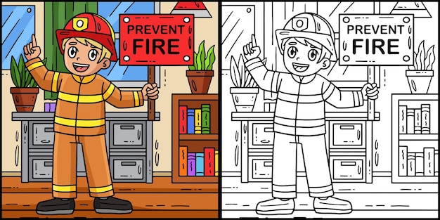 Ilustración para colorear de un bombero con un recordatorio