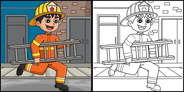 Ilustración para colorear de un bombero sosteniendo una escalera