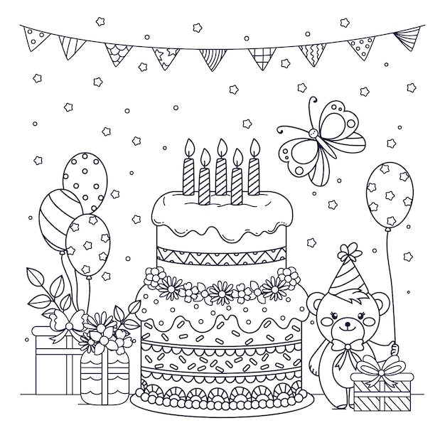 Ilustración para colorear de cumpleaños dibujada a mano