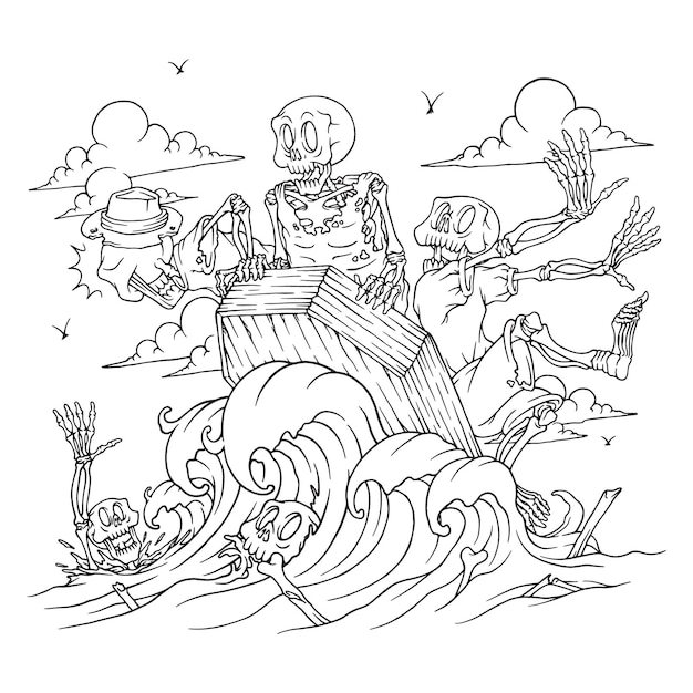 Vector ilustración para colorear de un esqueleto navegando con un ataúd