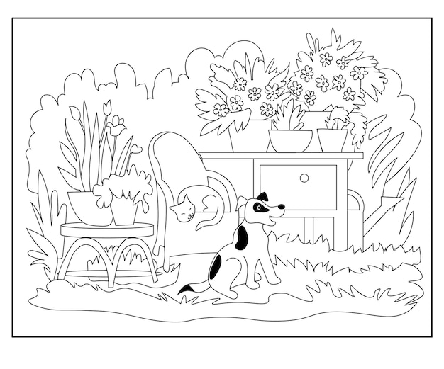 Ilustración para colorear con flores de jardín Línea de arte Terapia de arte Fondo de vector blanco y negro