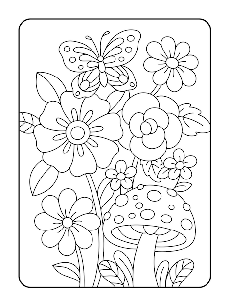 Vector ilustración para colorear de flores y mariposas