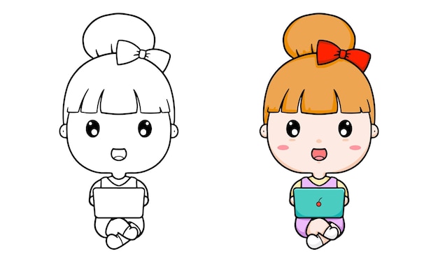 Vector ilustración para colorear para niños con dibujos animados de niña y portátil