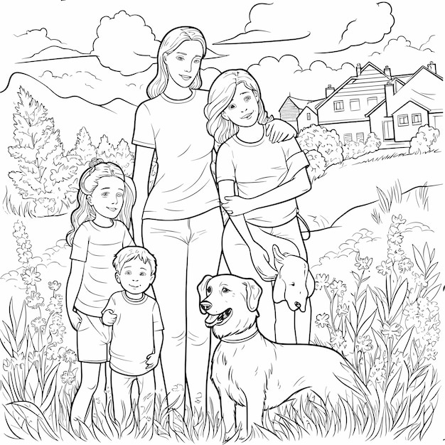 Ilustración para colorear página de libro familia