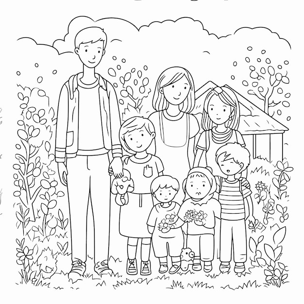 Ilustración para colorear página de libro familia