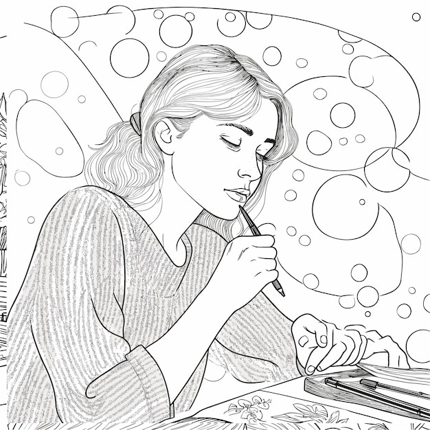 Vector ilustración para colorear página de libro mujer estudio
